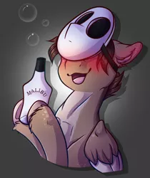 Size: 1677x2000 | Tagged: safe, artist:amenhonestly, artist:siena1923, derpibooru import, oc, oc:pencil draft, unofficial characters only, pegasus, pony, blushing, bubble, commission, drunk, floppy ears, freckles, hidden eyes, holding a bottle, malibu, mask, open mouth, wings