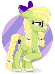 Size: 900x1208 | Tagged: safe, artist:pokeponyeq, derpibooru import, oc, oc:apple pattern, unofficial characters only, earth pony, pony, bow, braid, braided tail, deviantart watermark, female, hair bow, mare, obtrusive watermark, offspring, parent:applejack, parent:trenderhoof, parents:trenderjack, solo, watermark