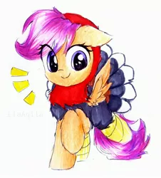 Size: 2238x2474 | Tagged: safe, artist:liaaqila, derpibooru import, scootaloo, pony, animal costume, clothes, costume, cute, cutealoo, scootachicken, scootaturkey, silly, silly pony, solo, turkey costume