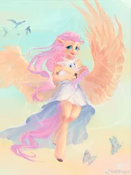 Size: 1080x1447 | Tagged: angel bunny, animal, anthro, artist:ogre, clothes, derpibooru import, duo, female, finger hooves, fluttershy, flying, male, mare, pegasus, rabbit, safe, skirt, unguligrade anthro