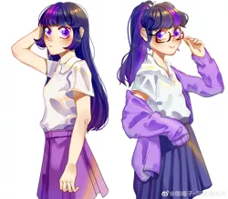 Size: 4006x3508 | Tagged: safe, artist:royal, derpibooru import, sci-twi, twilight sparkle, equestria girls, chinese text, clothes, cute, duo, female, glasses, human coloration, looking at you, pleated skirt, ponytail, shirt, simple background, skirt, white background