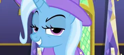 Size: 900x400 | Tagged: safe, derpibooru import, screencap, trixie, pony, unicorn, no second prances, cape, clothes, entrance, female, grin, hat, long time no see, mare, raised eyebrow, smiling, smirk, solo, trixie's cape, trixie's hat, twilight's castle