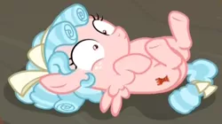 Size: 520x291 | Tagged: safe, derpibooru import, screencap, cozy glow, pegasus, pony, frenemies (episode), cozybetes, cropped, cute, female, filly, foal, on back, solo, surprised