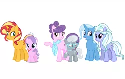 Size: 1022x651 | Tagged: safe, artist:furriesandflurries, derpibooru import, diamond tiara, silver spoon, sugarcoat, sunset shimmer, suri polomare, trixie, ponified, earth pony, pony, unicorn, equestria girls, alternate universe, equestria girls ponified, female, siblings, simple background, sisters, white background