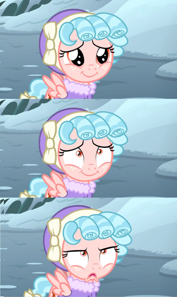 Size: 1668x2788 | Tagged: safe, derpibooru import, edit, edited screencap, screencap, cozy glow, pegasus, pony, frenemies (episode), clothes, cozy glow is not amused, cozybetes, cute, female, filly, foal, hat, reaction image, winter outfit