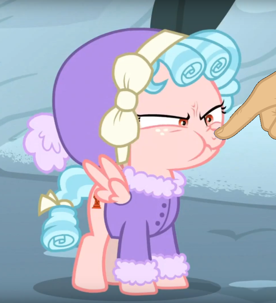 Size: 847x927 | Tagged: safe, derpibooru import, edit, edited screencap, screencap, cozy glow, pegasus, pony, frenemies (episode), boop, boop edit, cozy glow is not amused, cozybetes, cropped, cute, disembodied hand, female, filly, finger, hand, this will end in bleeding/bruising and/or head trauma, this will end in death, this will end in pain, this will end in tears, this will end in tears and/or death, vein bulge