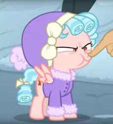 Size: 847x927 | Tagged: safe, derpibooru import, edit, edited screencap, screencap, cozy glow, pegasus, pony, frenemies (episode), boop, boop edit, cozy glow is not amused, cozybetes, cropped, cute, disembodied hand, female, filly, finger, hand, this will end in bleeding/bruising and/or head trauma, this will end in death, this will end in pain, this will end in tears, this will end in tears and/or death, vein bulge