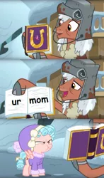Size: 392x665 | Tagged: safe, derpibooru import, edit, edited screencap, screencap, cozy glow, rusty bucket, pegasus, pony, frenemies (episode), bucket, clothes, cozy glow is not amused, duo, female, filly, foal, friendship journal, hat, male, meme, rusty bucket journal meme, scrunchy face, solo, stallion, winter outfit, your mom