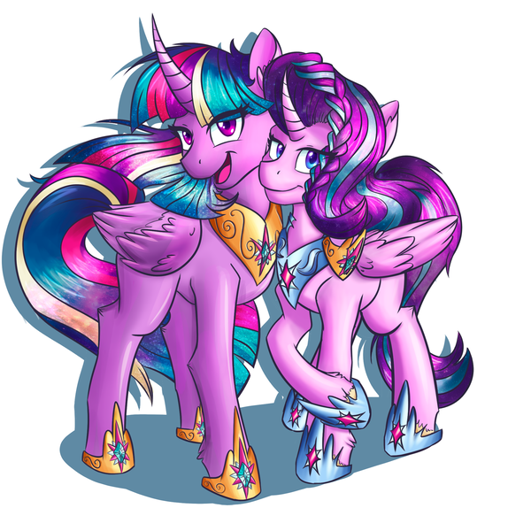 Size: 2000x2000 | Tagged: safe, artist:mandy1412, derpibooru import, starlight glimmer, twilight sparkle, twilight sparkle (alicorn), alicorn, pony, alicornified, braid, duo, eye clipping through hair, female, mare, race swap, simple background, starlicorn, white background, wing fluff, xk-class end-of-the-world scenario