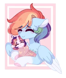 Size: 1192x1412 | Tagged: safe, artist:moon-rose-rosie, derpibooru import, rainbow dash, oc, oc:celestial moon, pony, female, magical lesbian spawn, mother and child, mother and daughter, offspring, parent:rainbow dash, parent:twilight sparkle, parents:twidash, swaddling