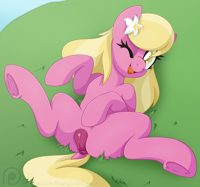 Size: 1684x1579 | Tagged: explicit, artist:pearlyiridescence, derpibooru import, lily, lily valley, earth pony, pony, anatomically correct, anus, clitoris, dark genitals, dock, female, field, flower, flower in hair, grass, grass field, mare, nudity, on back, one eye closed, open mouth, smiling, solo, solo female, spread legs, spreading, underhoof, vulva, wink