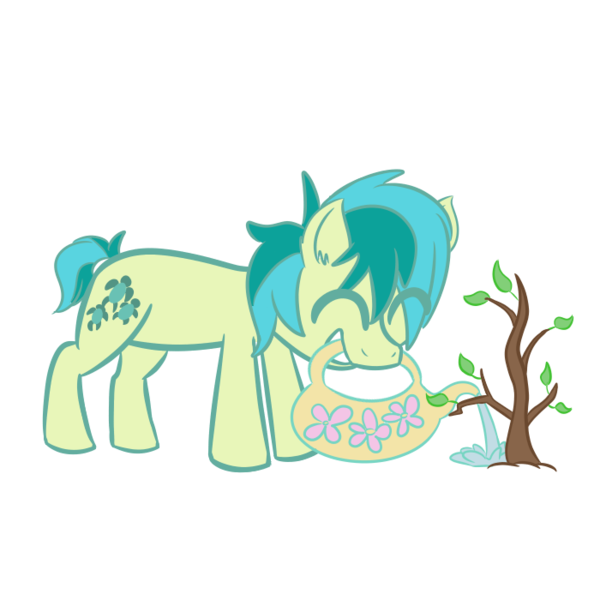 Size: 700x700 | Tagged: safe, artist:provider-of-art, derpibooru import, sandbar, earth pony, pony, uprooted, cute, ear fluff, eyes closed, mouth hold, sandabetes, sapling, simple background, solo, transparent background, tree, watering can