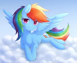 Size: 2768x2275 | Tagged: safe, artist:fluffymaiden, derpibooru import, rainbow dash, pegasus, pony, cloud, cute, dashabetes, eye clipping through hair, female, looking at you, mare, on a cloud, prone, sky, solo, spread wings, wings