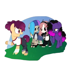 Size: 2200x2000 | Tagged: safe, artist:andromedasparkz, derpibooru import, oc, oc:al.ii, oc:cherry fizzy, oc:ground pound, oc:scavy, unofficial characters only, cyborg, earth pony, pony, unicorn, afro, bandage, blank flank, boots, bracelet, clothes, female, fingerless gloves, freckles, gloves, headphones, heart eyes, hoof wraps, jeans, jewelry, mare, multicolored hair, necklace, nose piercing, nose ring, open mouth, overalls, pants, piercing, raised hoof, scar, shirt, shoes, shorts, socks, spiked wristband, t-shirt, tanktop, tape, wingding eyes, wristband