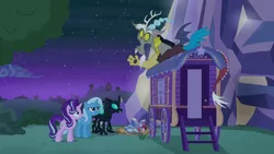 Size: 1280x720 | Tagged: safe, derpibooru import, screencap, discord, starlight glimmer, thorax, trixie, changeling, draconequus, pony, unicorn, to where and back again, reformed four, reformed starlight, trixie's wagon
