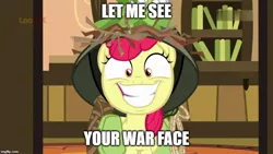Size: 800x450 | Tagged: safe, derpibooru import, edit, edited screencap, screencap, apple bloom, earth pony, pony, going to seed, big grin, caption, face of mercy, faic, female, filly, foal, full metal jacket, grin, helmet, image macro, imgflip, let me see your war face, slasher smile, smiling, solo, text