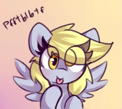 Size: 681x605 | Tagged: safe, artist:dsp2003, artist:lockheart, derpibooru import, derpy hooves, pegasus, pony, :p, colored sketch, cute, derpabetes, eye clipping through hair, female, gradient background, mare, mlem, raspberry, silly, silly pony, tongue out