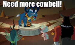 Size: 921x549 | Tagged: safe, derpibooru import, edit, edited screencap, screencap, cozy glow, grogar, lord tirek, queen chrysalis, centaur, changeling, changeling queen, pegasus, pony, sheep, frenemies (episode), bell, bow, christopher walken, cloven hooves, cowbell, female, filly, flying, foal, hair bow, male, more cowbell, ram, saturday night live
