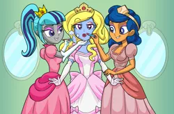 Size: 4134x2718 | Tagged: safe, artist:art-2u, derpibooru import, oc, oc:azure/sapphire, oc:cold front, oc:disty, equestria girls, clothes, crossdressing, digimon, evening gloves, femboy, feminization, gloves, gowns, long gloves, makeover, male, mario bros., princess, princess melody, princess mimi, princess peach, super mario bros., the little mermaid 2: return to the sea