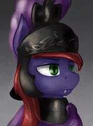 Size: 742x1000 | Tagged: safe, artist:dukevonkessel, derpibooru import, oc, bat pony, pony, armor, bat pony oc, bat wings, bust, fangs, helmet, legionary, portrait, roman, simple background, solo, wings