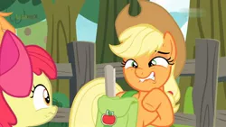 Size: 1824x1026 | Tagged: safe, derpibooru import, screencap, apple bloom, applejack, earth pony, pony, going to seed, apple sisters, bag, duo, faic, female, filly, foal, lip bite, mare, raised hoof, saddle bag, siblings, sisters