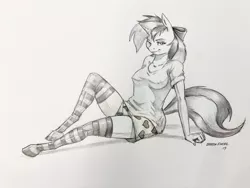 Size: 2048x1537 | Tagged: suggestive, artist:baron engel, derpibooru import, oc, oc:minty root, unofficial characters only, anthro, unguligrade anthro, unicorn, anthro oc, bow, boxers, breasts, clothes, erect nipples, female, grayscale, hair bow, heart, heart print underwear, mare, monochrome, nipple outline, pencil drawing, shirt, simple background, socks, solo, solo female, striped socks, t-shirt, thigh highs, traditional art, underwear, white background