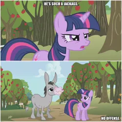 Size: 1000x1000 | Tagged: safe, derpibooru import, edit, edited screencap, screencap, cletus, twilight sparkle, hybrid, mule, unicorn, applebuck season, annoyed, apple, apple tree, caption, food, image macro, jackass, text, tree