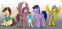 Size: 1920x901 | Tagged: safe, artist:cactuscowboydan, derpibooru import, oc, oc:heartstrong flare, oc:king calm merriment, oc:king speedy hooves, oc:queen galaxia, oc:tommy the human, alicorn, human, pony, alicorn oc, aunt and niece, clothes, commissioner:bigonionbean, conductor hat, dress, father and child, father and daughter, female, fusion, fusion:heartstrong flare, fusion:king calm merriment, fusion:king speedy hooves, fusion:queen galaxia, horn, human oc, male, mare, mother and child, mother and daughter, rule 63, spread wings, stallion, uniform, wing flare, wings, wonderbolt trainee uniform