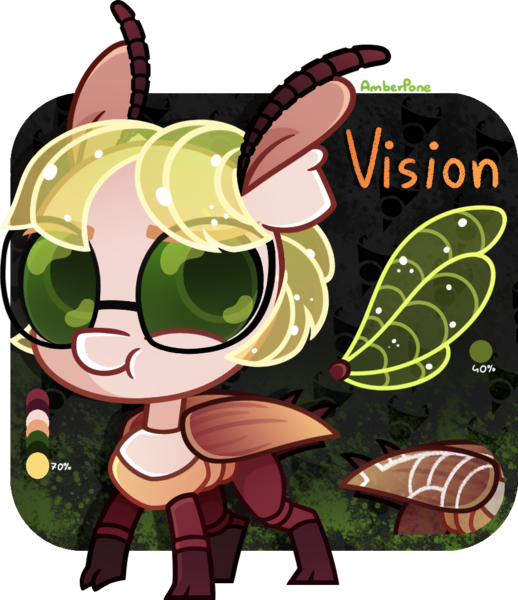 Size: 895x1036 | Tagged: safe, artist:amberpone, derpibooru import, oc, oc:vision, oc:vision revision, unofficial characters only, beetle, insect, pony, antennae, big head, eyebrows, female, fullbody, glasses, green, green eyes, lighting, lineart, mare, no tail, ponysona, reference sheet, shading, short mane, simple background, standing, transparent background, wings