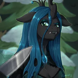 Size: 1500x1500 | Tagged: safe, artist:evomanaphy, derpibooru import, queen chrysalis, anthro, changeling, frenemies (episode), amused, arrogant, blade, breasts, busty queen chrysalis, cleavage, clothes, crown, eyeshadow, fangs, female, floppy ears, former queen chrysalis, jewelry, knife, knife cat, lidded eyes, looking at you, makeup, meme, ponified animal photo, raised eyebrow, regalia, reversalis, smiling, smirk, smug, solo, threat