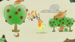 Size: 1280x720 | Tagged: safe, derpibooru import, screencap, the great seedling, deer, dryad, going to seed, apple, apple tree, branches for antlers, food, solo, spirit, tree