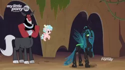 Size: 1600x900 | Tagged: safe, derpibooru import, screencap, cozy glow, lord tirek, queen chrysalis, centaur, changeling, changeling queen, pegasus, pony, frenemies (episode), cloven hooves, cozy glow is not amused, crossed arms, discovery family logo, female, filly, flying, foal, former queen chrysalis, hoof on chest, male, nose piercing, nose ring, piercing, tirek is not amused, trio