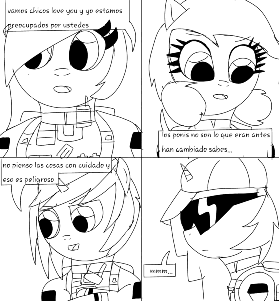 Size: 1127x1214 | Tagged: safe, artist:tuxrap, derpibooru import, oc, pony, comic:unnamed tuxrap comic, comic, lineart, monochrome, spanish, translation request