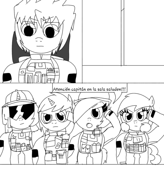 Size: 1127x1214 | Tagged: safe, artist:tuxrap, derpibooru import, oc, pony, comic:unnamed tuxrap comic, comic, lineart, monochrome, spanish, translation request