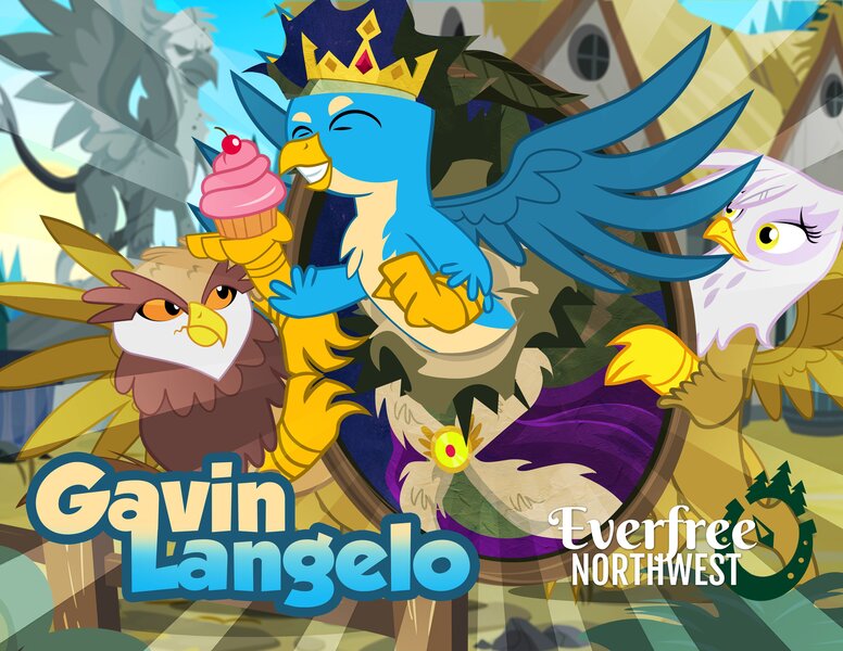 Size: 4096x3165 | Tagged: safe, artist:pixelkitties, derpibooru import, gallus, gilda, gunter, king grover, gryphon, background griffon, bust, crown, crown of grover, cupcake, everfree forest, flying, food, gavin langelo, griffonstone, grin, happy, jewelry, king gallus, majestic, male, pixelkitties' brilliant autograph media artwork, portrait, regalia, smiling, statue