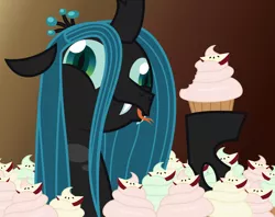 Size: 1150x912 | Tagged: safe, artist:lightning stripe, derpibooru import, queen chrysalis, changeling, changeling queen, frenemies (episode), blue hair, crazylis, cupcake, cute, cutealis, derp, fangs, female, food, forked tongue, gradient background, green eyes, horn, show accurate, simple background, solo, that changeling sure does love cupcakes, tongue out