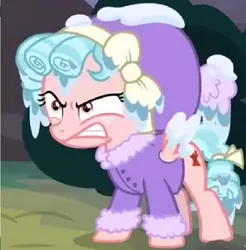 Size: 756x768 | Tagged: safe, derpibooru import, screencap, cozy glow, pegasus, pony, frenemies (episode), angry, clothes, coat, cozy glow is not amused, cropped, female, filly, foal, hat, snow, soaked, solo, wet, winter outfit