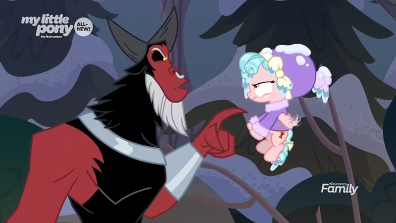 Size: 1366x768 | Tagged: safe, derpibooru import, screencap, cozy glow, lord tirek, centaur, pegasus, pony, frenemies (episode), clothes, cozy glow is not amused, discovery family logo, duo, female, filly, foal, hat, male, night, nose piercing, nose ring, piercing, pointing, tree, winter outfit