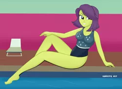 Size: 3000x2200 | Tagged: suggestive, artist:danielitamlp, derpibooru import, victoria, equestria girls, barefoot, breasts, cleavage, clothes, feet, female, legs, milf, one-piece swimsuit, sexy, smiling, solo, solo female, stupid sexy victoria, swimming pool, swimsuit, thighs