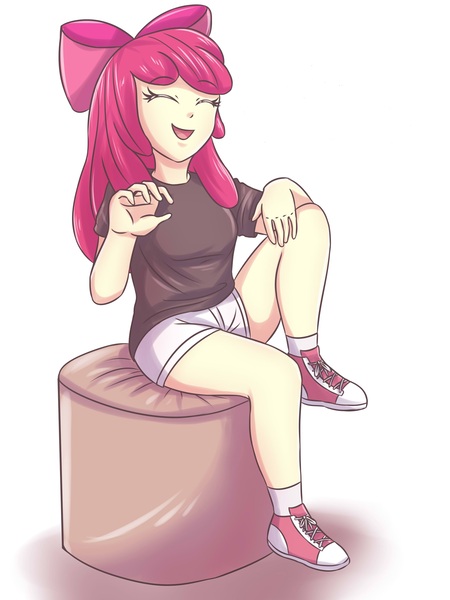 Size: 2728x3637 | Tagged: safe, artist:sumin6301, derpibooru import, edit, apple bloom, equestria girls, adorabloom, clothes, converse, cute, eyes closed, female, shirt, shoes, shorts, simple background, sitting, smiling, solo, white background