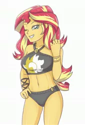 Size: 2208x3248 | Tagged: safe, artist:sumin6301, derpibooru import, edit, sunset shimmer, equestria girls, equestria girls series, forgotten friendship, adorasexy, belly button, bikini, bikini babe, black swimsuit, clothes, cute, cutie mark, cutie mark on clothes, cutie mark swimsuit, female, hand on hip, high res, jeweled swimsuit, lidded eyes, looking at you, one eye closed, sexy, shimmerbetes, simple background, smiling, solo, summer sunset, sunsex shimmer, swimsuit, white background, wink