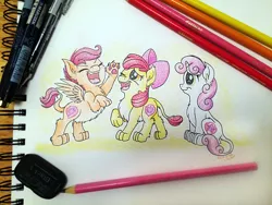 Size: 3264x2448 | Tagged: apple bloom, artist:natsu714, colored pencil drawing, colored pencils, cutie mark, cutie mark crusaders, derpibooru import, pale belly, paws, pen, safe, scootaloo, species swap, sphinx, sphinxified, sweetie belle, the cmc's cutie marks, traditional art, underpaw