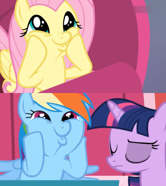 Size: 905x1018 | Tagged: safe, derpibooru import, screencap, fluttershy, rainbow dash, twilight sparkle, pegasus, pony, unicorn, applebuck season, sweet and smoky, :3, comparison, cropped, cute, dashabetes, dashface, eyes closed, female, flutterface, mare, shyabetes, so awesome, unicorn twilight