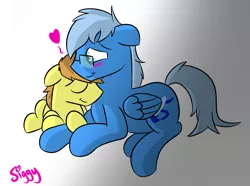 Size: 3980x2958 | Tagged: safe, artist:siggyderp, derpibooru import, oc, oc:blue brush, oc:siggy, unofficial characters only, earth pony, pegasus, pony, blushing, cuddling, eyes closed, glasses, heart, lying, male, stallion