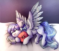 Size: 3500x3000 | Tagged: safe, artist:cornelia_nelson, derpibooru import, oc, unofficial characters only, pegasus, pony, bow, commission, cute, hair bow, hug, ocbetes, pillow, pillow hug, sleeping, spread wings, tongue out, wingboner, wings