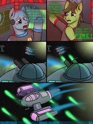 Size: 3024x4032 | Tagged: safe, artist:tacomytaco, derpibooru import, oc, oc:captain conray, oc:eickland, unofficial characters only, earth pony, pony, comic:space floofs, bipedal, bridge, clothes, comic, laser, male, shirt, shooting, space, spaceship, swearing, text, uniform, vulgar