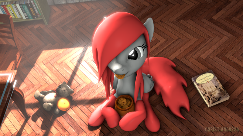 Size: 1920x1080 | Tagged: safe, artist:christian69229, derpibooru import, oc, oc:cutie dash, unofficial characters only, pegasus, pony, 3d, book, bookshelf, chair, clothes, cookie, cookie jar, female, food, mare, socks, solo, source filmmaker, table