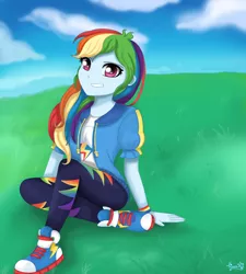 Size: 2128x2368 | Tagged: safe, artist:lovelygirlmusicer, derpibooru import, rainbow dash, equestria girls, equestria girls series, adorasexy, clothes, converse, cute, dashabetes, female, grass, grass field, looking at you, pants, sexy, shoes, sitting, sneakers, solo