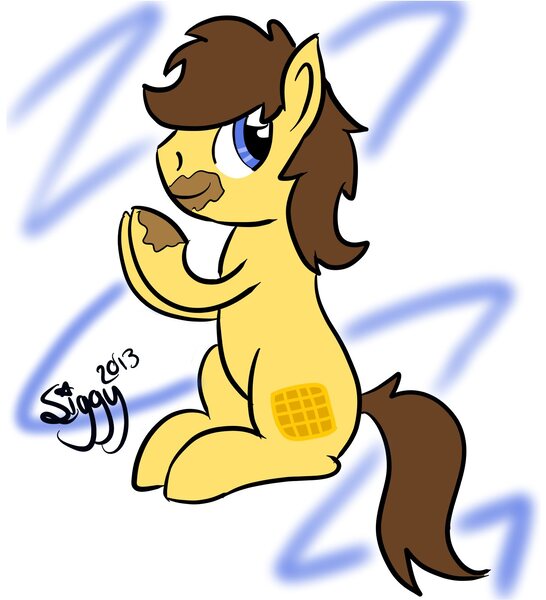 Size: 1454x1599 | Tagged: safe, artist:siggyderp, derpibooru import, oc, oc:waffle crisp, unofficial characters only, earth pony, pony, eating, food, male, messy eating, signature, solo, stallion, waffle