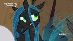 Size: 1366x768 | Tagged: changeling, changeling queen, cute, cutealis, derpibooru import, face on hoof, female, frenemies (episode), head on hoof, hoof on cheek, lord tirek, queen chrysalis, safe, screencap, solo focus